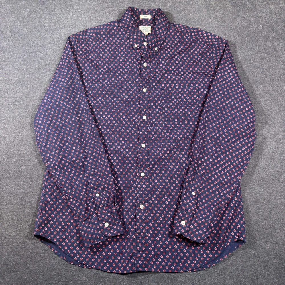 J. Crew Button Down Shirt Mens Large Navy Blue Floral Secret Wash Slim Stretch